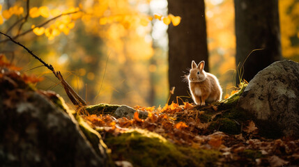 A lone rabbit pauses among the bright red hues of foliage in a glade.