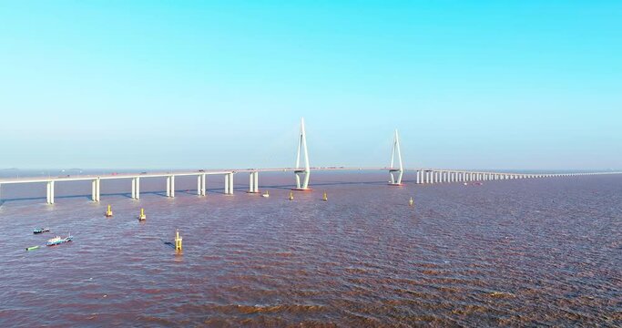 Aerial view of Hangzhou Bay Bridge scenery in Jiaxing, Zhejiang Province, China. The total length of the bridge is 36 kilometers. The design speed is 100 kilometers per hour. 