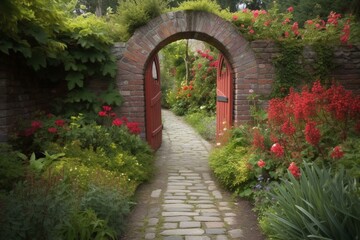 A garden pathway adorned with red flowers, a stone path, and a gate with a brick arch. Generative AI