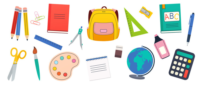 School and education supplies set. Children's stationery for study on white background. Back to school.