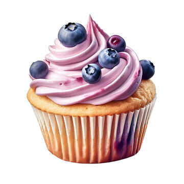 A celebration cupcake topping with whipped cream and blueberries, depicted in a watercolor style isolated on a transparent background, generative ai