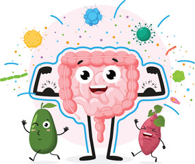 Healthy intestine with immunity defence cartoon character, isolated on white background