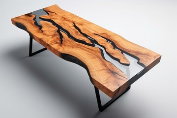 Live wood table with black epoxy on white background. 3D rendering. Generative AI