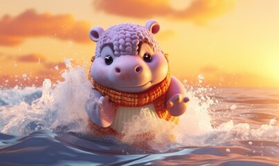 Photo of a lively cartoon hippo splashing through the water - obrazy, fototapety, plakaty