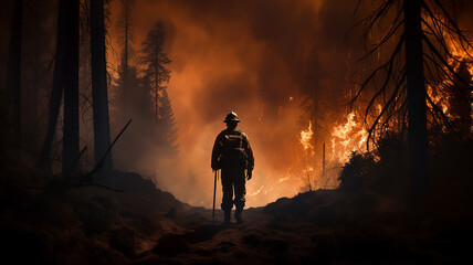 Fototapeta premium firefighter on the background of a forest fire view from the back