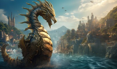 Photo of a majestic dragon statue overlooking a serene body of water
