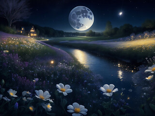 A moon garden in the night  fantastic garden from a fairy tale, two butterflies, and a mystery blue background with a shining moon