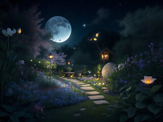 A moon garden in the night  fantastic garden from a fairy tale, two butterflies, and a mystery blue background with a shining moon
