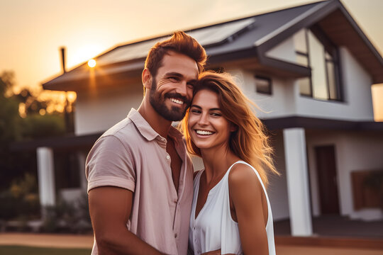 Happy couple standing smiling in front of a big minimalist house with installed solar panels