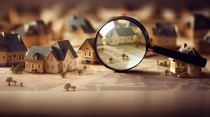 Foto op Aluminium Searching for house lodging and property with magnifying glass. Hunt for new house or home, real estate loan, mortgage, investments and housing development concept © Planetz