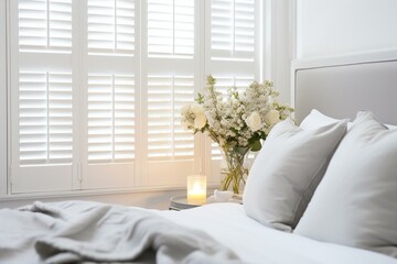 High-end white indoor shutters for bedroom with focus on detail. Generative AI - obrazy, fototapety, plakaty