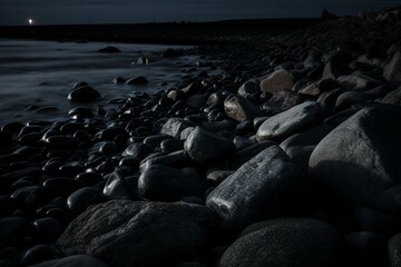 Large black rocks on darkened shore. Generative AI