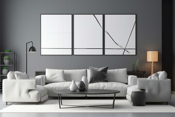 Sleek, contemporary living room with blank frame on gray wall for showcasing art. Minimalist design with polished lines. Generative AI