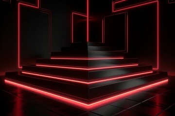 Futuristic black stage with red neon lights. Modern geometric podium. Sci-fi stand. Generative AI