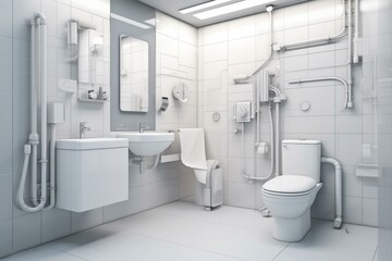 Plumbing inside bathroom walls with toilet, basin, and washing machine. 3D representation of sanitary engineering installation. Generative AI