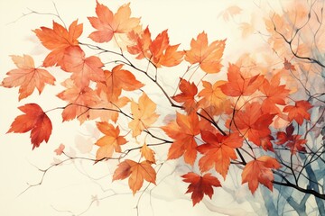 Naklejka na ściany i meble Autumn leaves turning red in a watercolor illustration. Generative AI