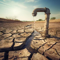 Foto op Canvas Dry cracked desert with old water pipe. Water scarcity concept. Generative ai © Yulia