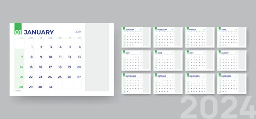 Horizontal monthly calendar template for 2024 year, Corporate templates design with space for image, Vector calendar template - obrazy, fototapety, plakaty