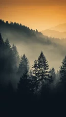 Foto op Aluminium a lonely pine tree in the sunset mist in the mountains, an autumn calm landscape of wildlife, a vertical panorama of the forest © kichigin19