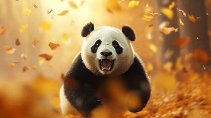 Obraz premium cute wild panda Chinese bear in the autumn landscape of the forest, running enjoying and scattering autumn leaves fallen in the wind