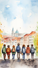 Obraz premium vertical narrow view from the back children go to school against the background of an old European city in the style of a watercolor painting