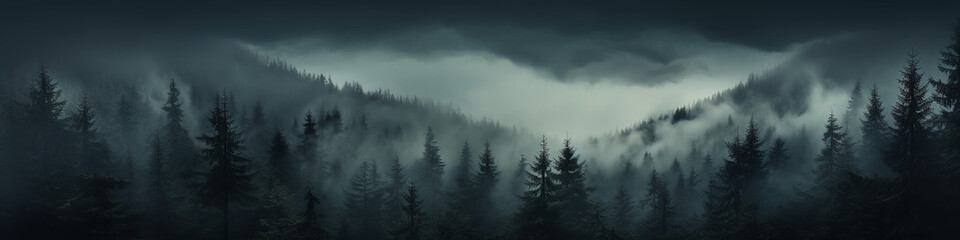 a long narrow panorama of a coniferous northern forest in the fog of an autumn day, a landscape of wildlife