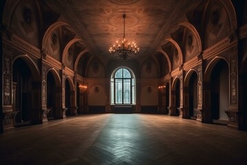 Fototapety  Empty castle ballroom or palace hall in the night. Generative AI