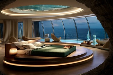 Modern bedroom ambiance with circular bed and stunning ocean scenery. Generative AI