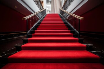 Stairs carpeted in red, leading to triumph and accomplishment. Generative AI