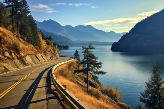 Scenic lake view on John-Hart highway, surrounded by Canadian nature in British Columbia. Generative AI