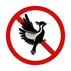 Forbidding vector sign with a flying bird. Hunting is prohibited. Do not catch or feed wild birds. Hunting in ban. Prohibition sign