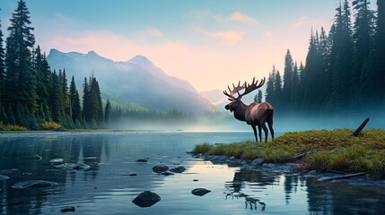 Fototapeta premium Elk standing in a lake with mountains in the background