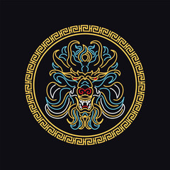 Chinese New Year 2024, the year of the Dragon, red and gold line art characters, simple hand-drawn Asian elements with craft (Chinese translation: Happy Chinese New Year 2024, year of the Dragon)