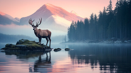 Elk standing in a lake with mountains in the background