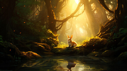 A wild rabbit standing in the forest is illuminated by the sunlight filtering through the foliage.