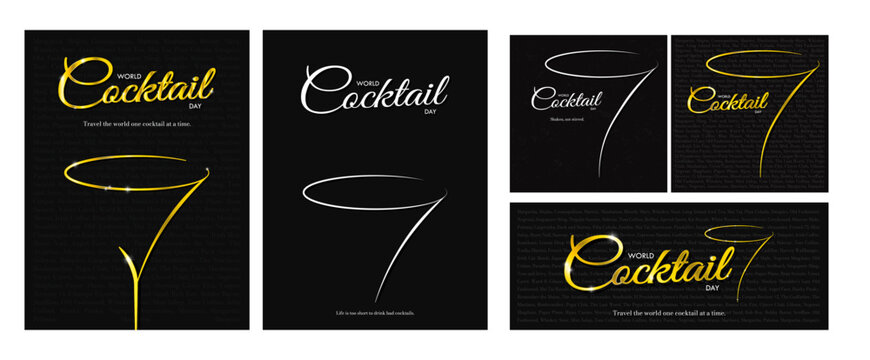 Set of World Cocktail Day Design. Gold and white cocktail glass with World Cocktail Day typographic script design and 200 names of Cocktails. Elegant and minimalistic design. Vector Illustration.
