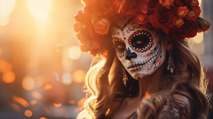 Day of the dead parade in Mexico city Halloween, Day of the dead bodypaint portrait. Calavera Catrina. Generative AI.