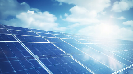 texture of solar panels, and reflection of the blue sky with clouds, green transition pure energy of the sun abstract background
