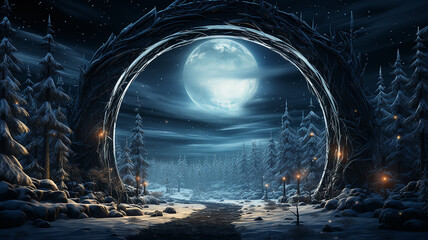 round ice frosty arch festive night evening, frame outside, presentation winter greeting card
