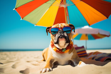A dog lying on a sunny beach under colorful umbrella.
