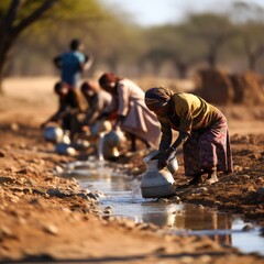 Women and young village girls collect water from a rain water pool. Water scarcity problem....