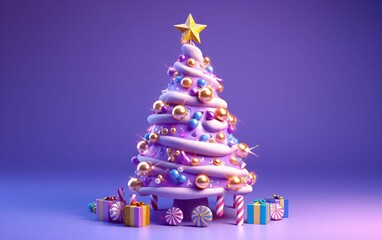 3D and Cute Christmas Tree with Gift Boxes and Decorations in Purple and Gold Color Dominated
