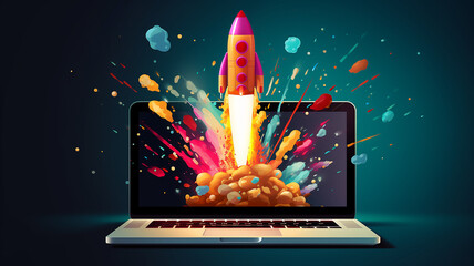 rocket laptop start speed 3d technology - obrazy, fototapety, plakaty