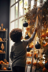 Unrecognizable black boy decorating his room with pumpkins and twigs to Halloween