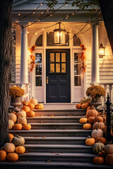 Front porch decorated with pumpkins on steps, flowers, lantern and garland on twigs to Halloween celebration