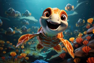Sea turtle swimming in the under sea , Beautiful Underwater and colorfull coral in wild nature of the Pacific Ocean , Created with Generative Ai Technology