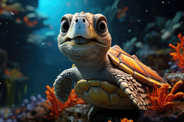 Naklejka na ściany i meble Sea turtle swimming in the under sea , Beautiful Underwater and colorfull coral in wild nature of the Pacific Ocean , Created with Generative Ai Technology