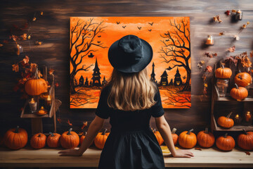 Unrecognizable girl standing in front of painted Halloween picture on wooden wall above table decorated with pumpkins