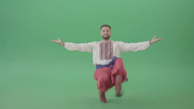 Ukraine Gopak social ethnic dance by Ukrainian Man isolated on Green screen - 4K Video Footage