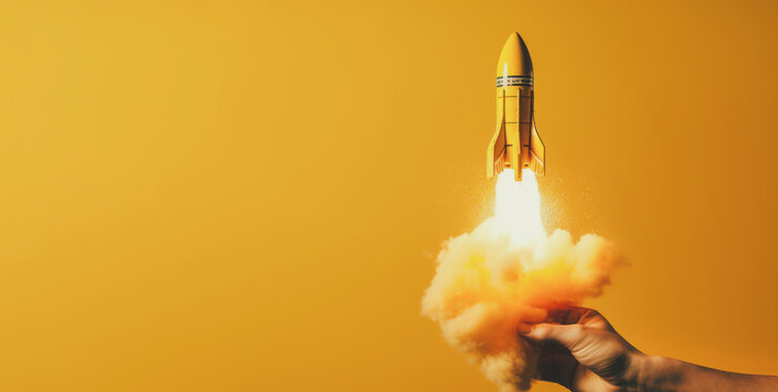 Rocket launching from hand, New Project, Start-up, Creativity, Big idea